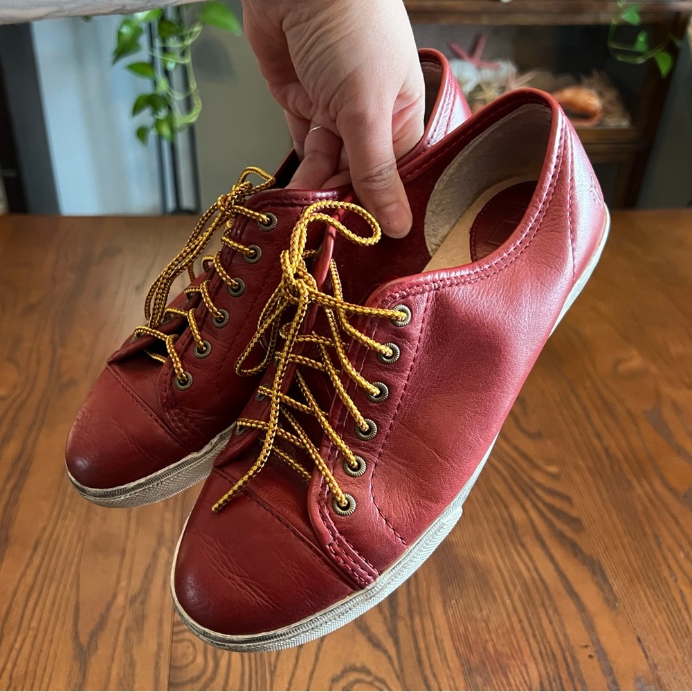 brick red leather frye sneakers